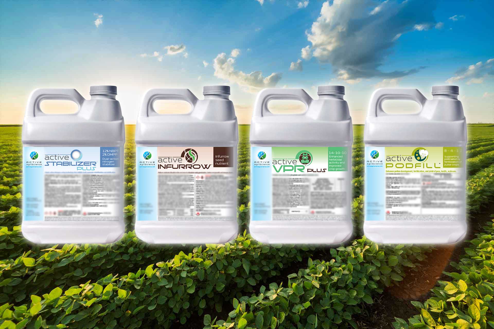 Active AgriScience products: Active STABILIZER PLUS, Active INFURROW, Active VPR PLUS, Active PodFILL.